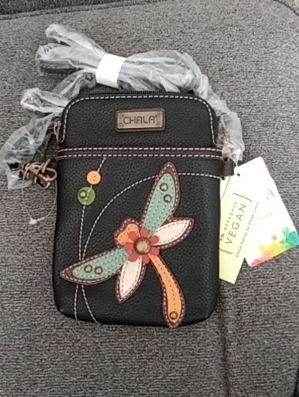 Chala Black Crossbody with Multicolor Dragonfly Applique